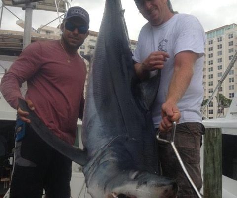 Adam and Bobby with a monster mako shark caught with New Lattitude Sportfishing